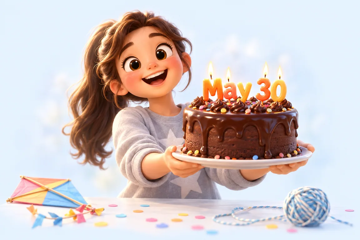 Cartoon birthday scene for May 30: a child behind a cake whose candles spell the date