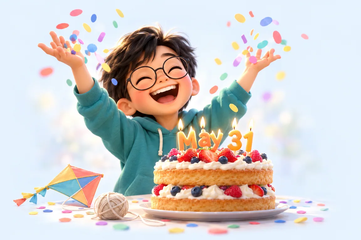 Cartoon birthday scene for May 31: a child behind a cake whose candles spell the date