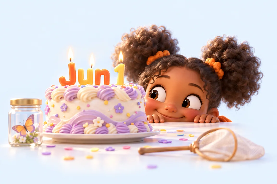 Cartoon birthday scene for June 1: a child behind a cake whose candles spell the date