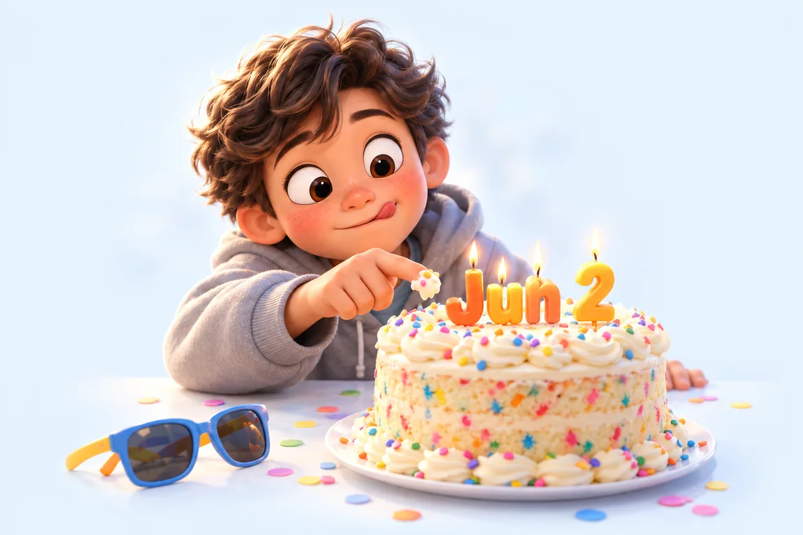 Cartoon birthday scene for June 2: a child behind a cake whose candles spell the date