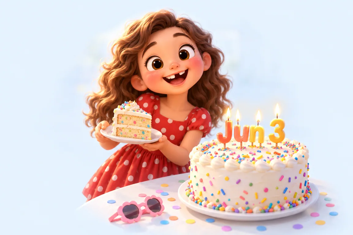 Cartoon birthday scene for June 3: a child behind a cake whose candles spell the date