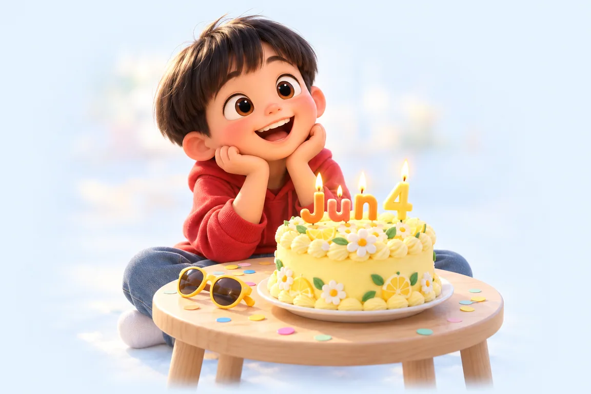 Cartoon birthday scene for June 4: a child behind a cake whose candles spell the date
