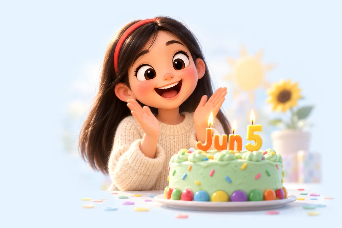 Cartoon birthday scene for June 5: a child behind a cake whose candles spell the date