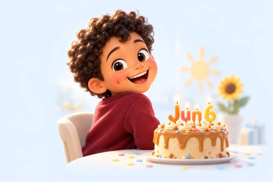 Cartoon birthday scene for June 6: a child behind a cake whose candles spell the date