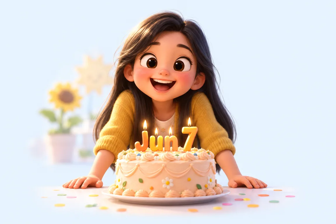 Cartoon birthday scene for June 7: a child behind a cake whose candles spell the date