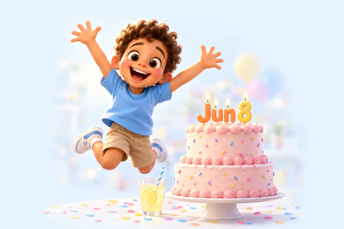 Cartoon birthday scene for June 8: a child behind a cake whose candles spell the date