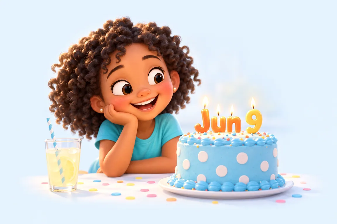Cartoon birthday scene for June 9: a child behind a cake whose candles spell the date