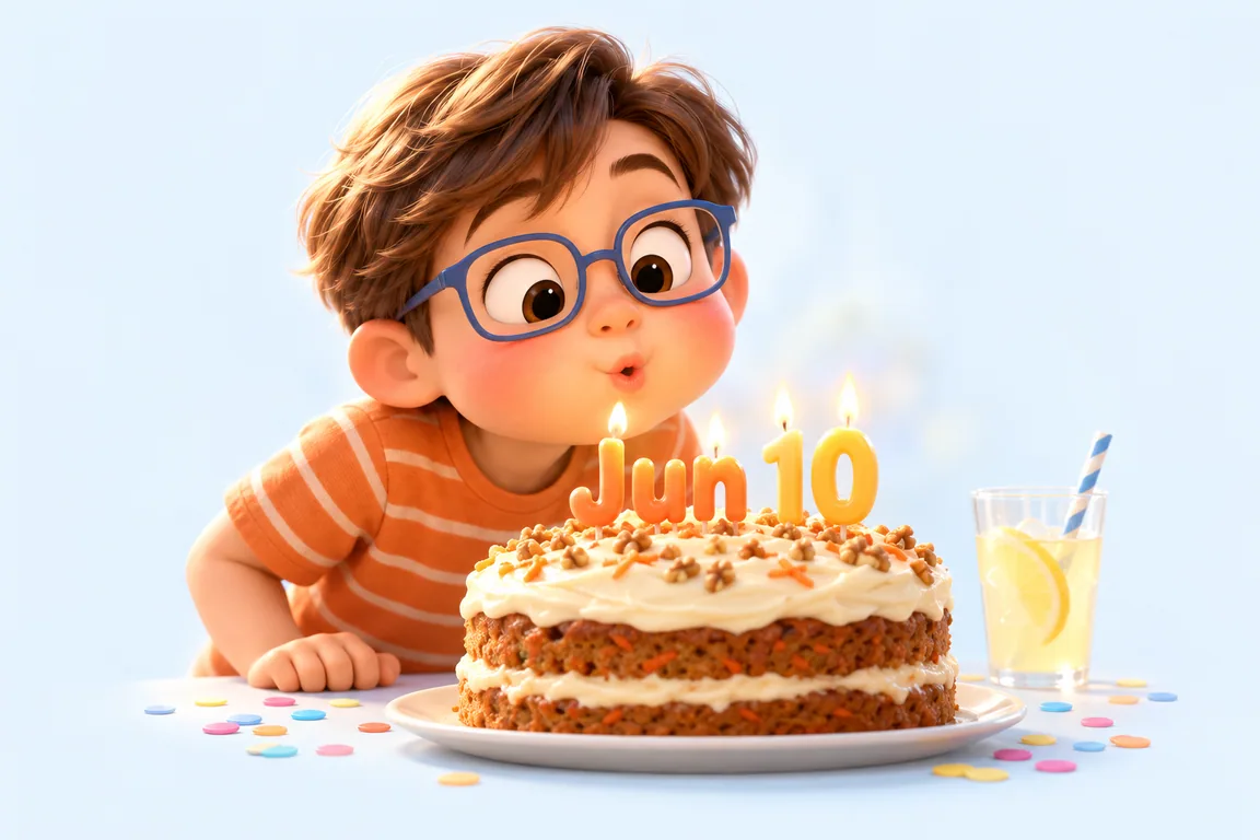 Cartoon birthday scene for June 10: a child behind a cake whose candles spell the date