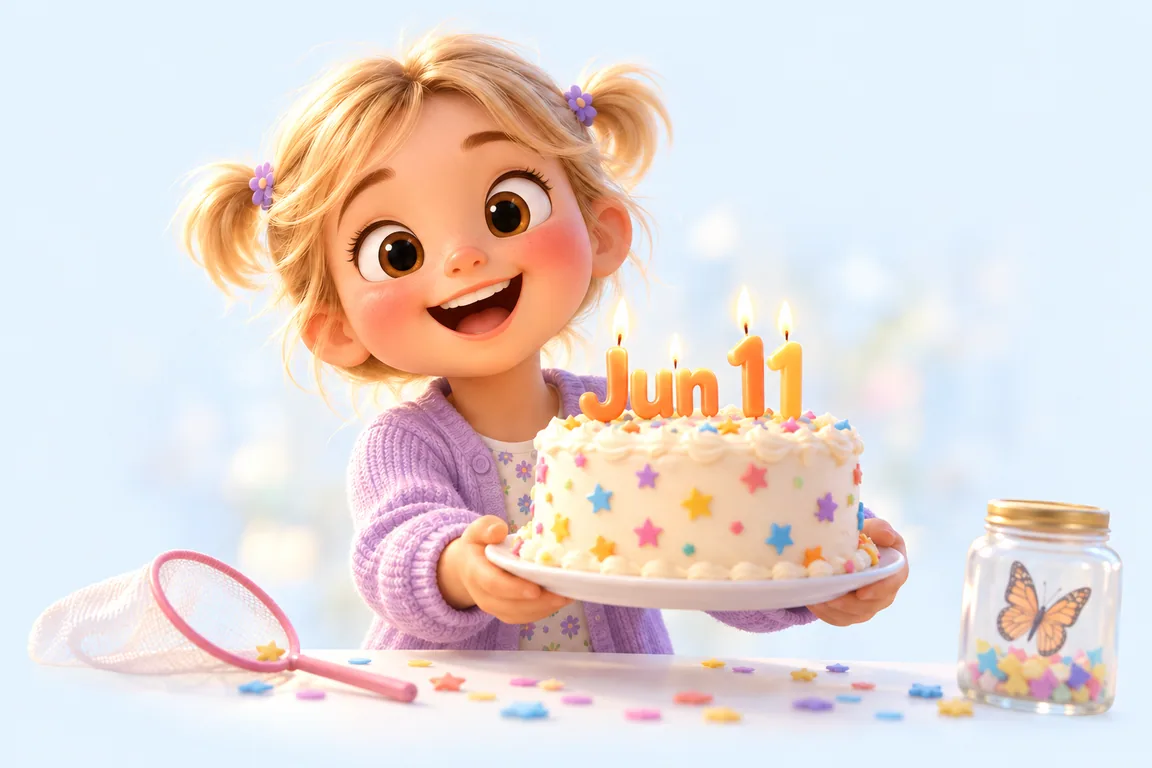 Cartoon birthday scene for June 11: a child behind a cake whose candles spell the date