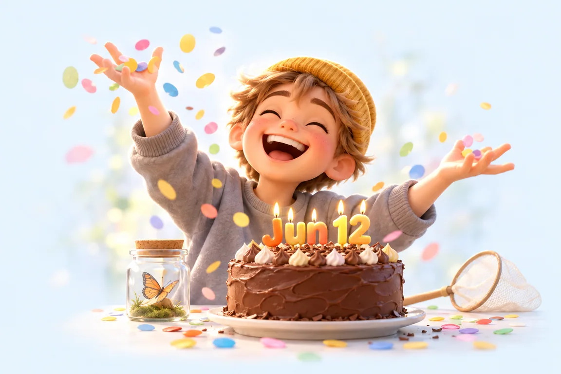 Cartoon birthday scene for June 12: a child behind a cake whose candles spell the date