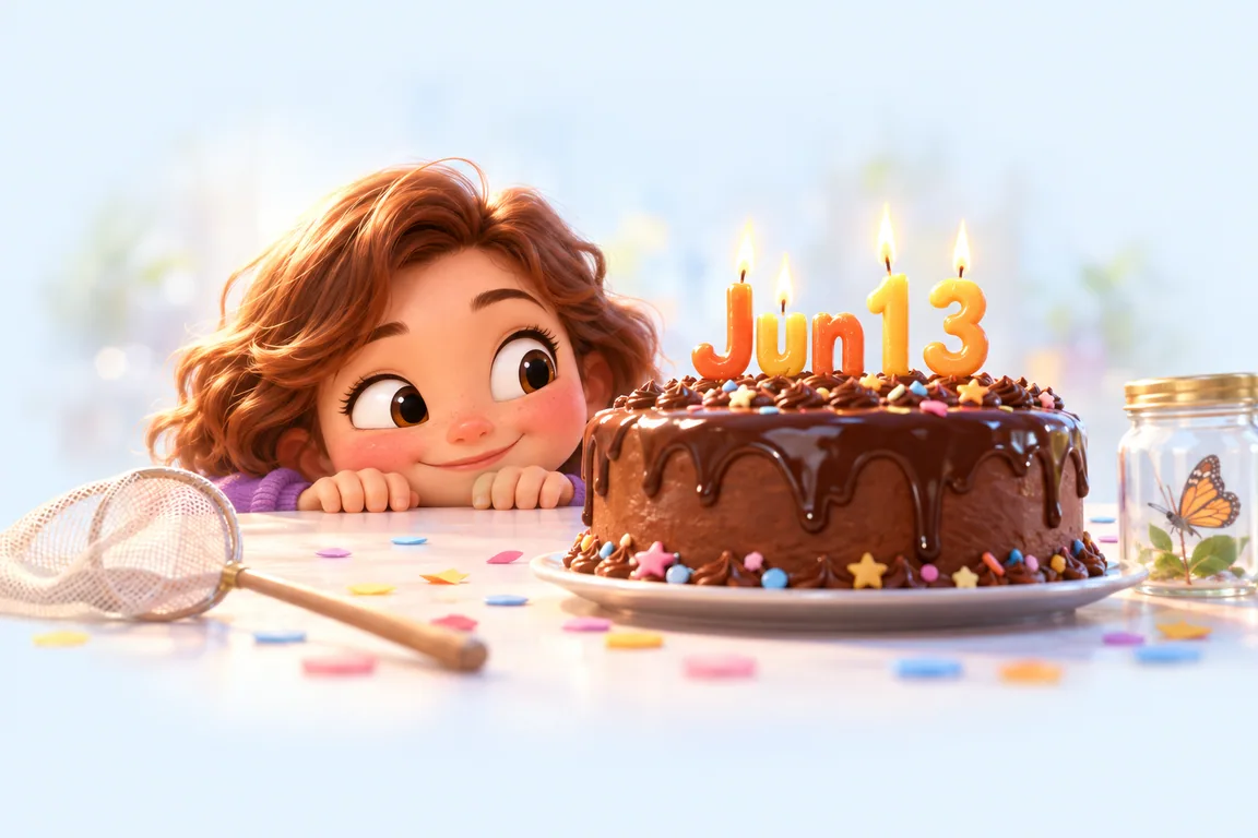 Cartoon birthday scene for June 13: a child behind a cake whose candles spell the date