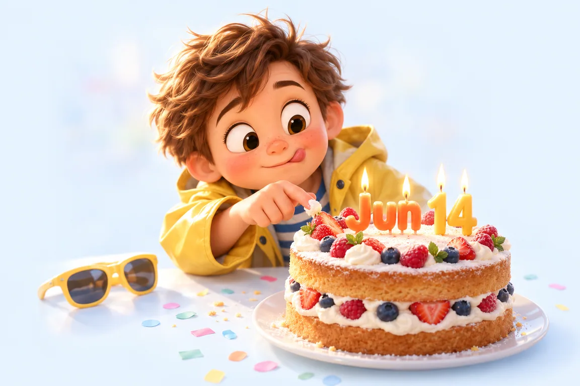 Cartoon birthday scene for June 14: a child behind a cake whose candles spell the date