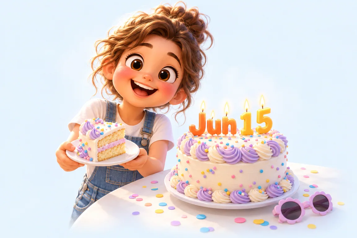 Cartoon birthday scene for June 15: a child behind a cake whose candles spell the date