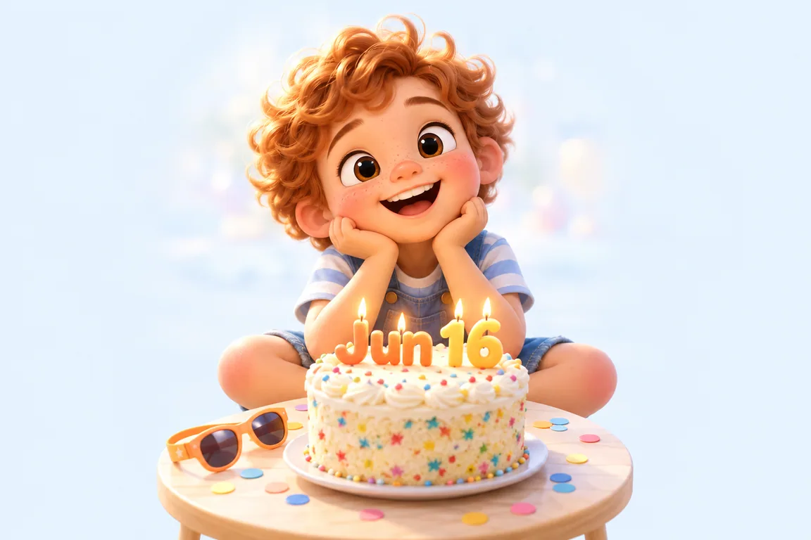 Cartoon birthday scene for June 16: a child behind a cake whose candles spell the date