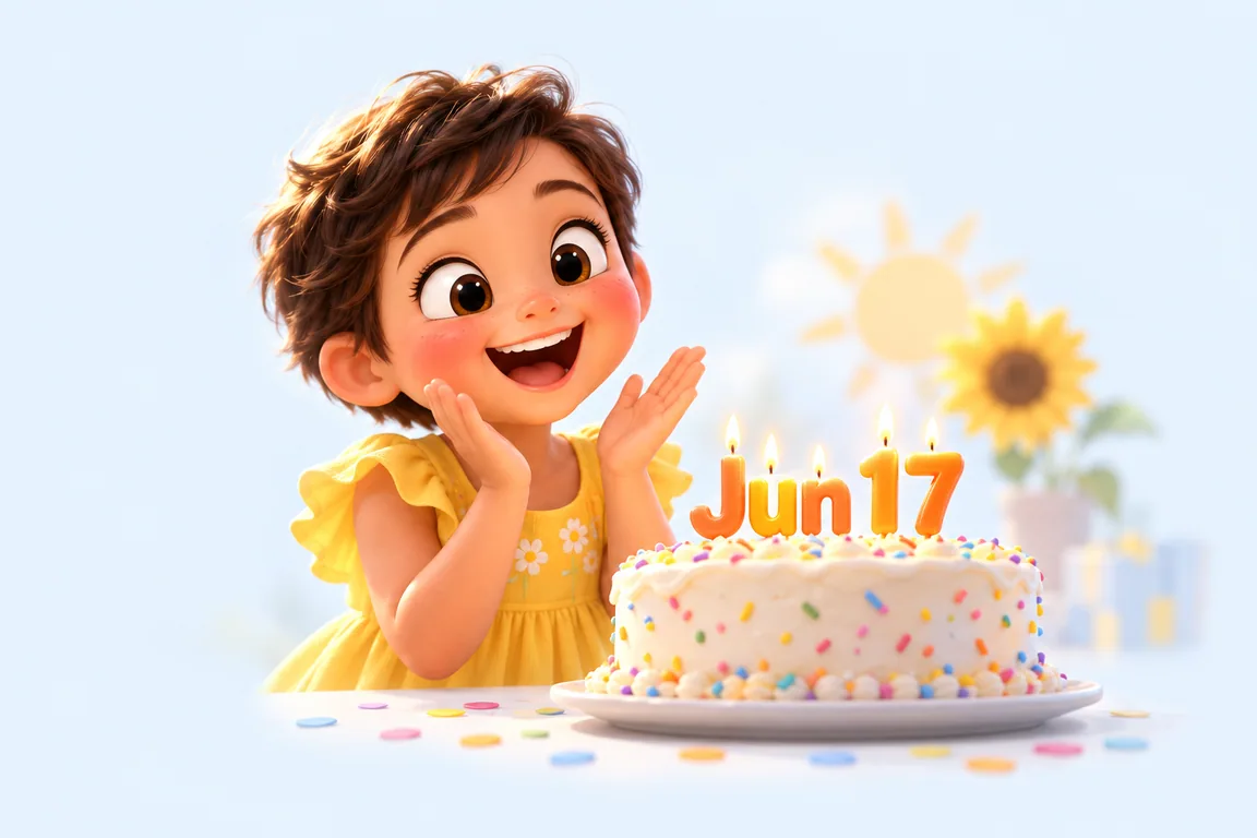 Cartoon birthday scene for June 17: a child behind a cake whose candles spell the date