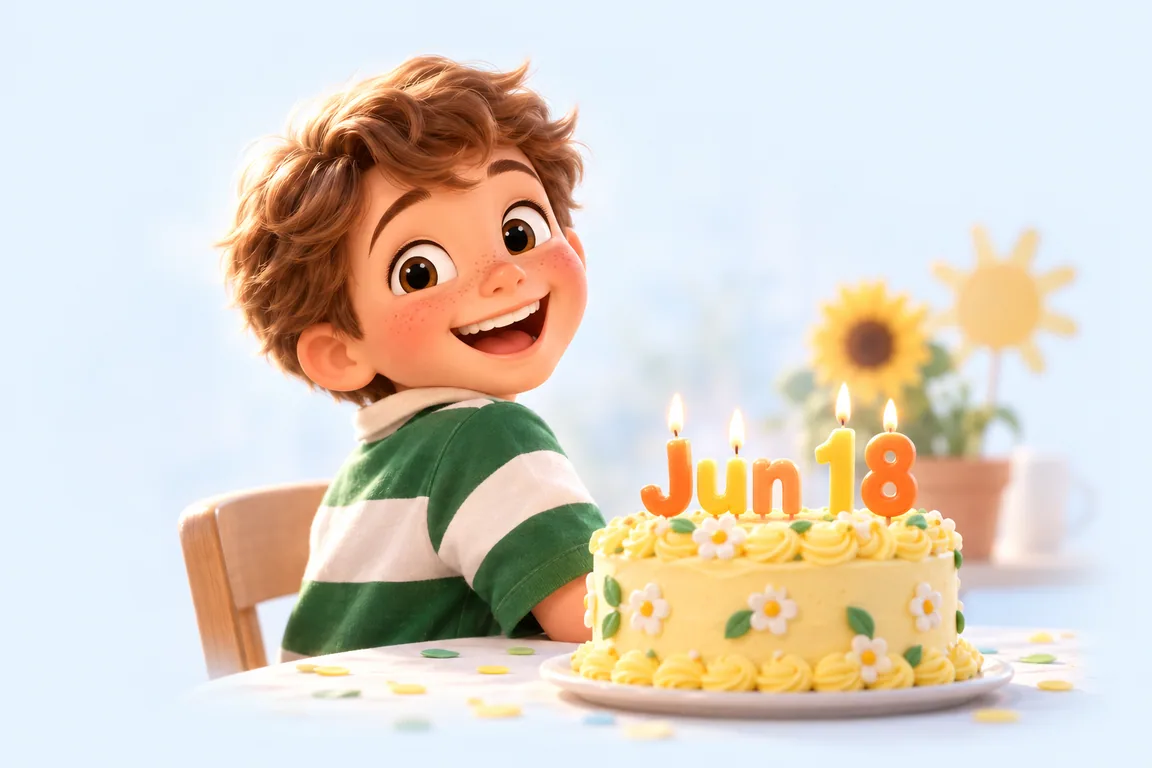 Cartoon birthday scene for June 18: a child behind a cake whose candles spell the date