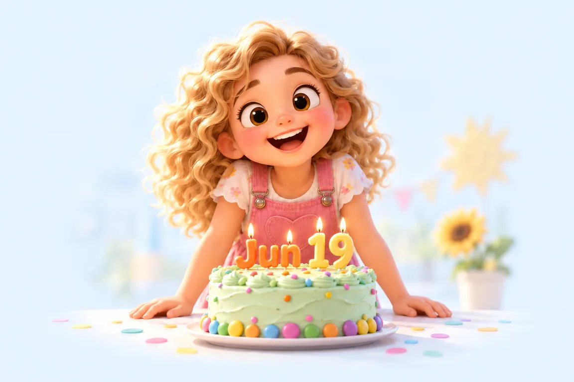 Cartoon birthday scene for June 19: a child behind a cake whose candles spell the date