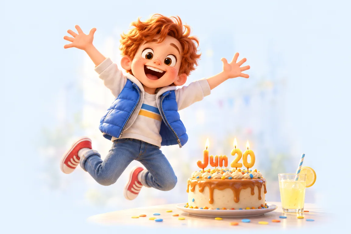 Cartoon birthday scene for June 20: a child behind a cake whose candles spell the date