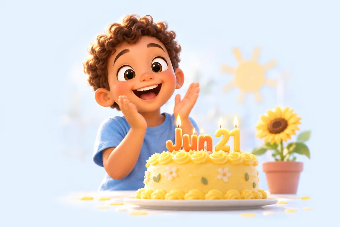 Cartoon birthday scene for June 21: a child behind a cake whose candles spell the date