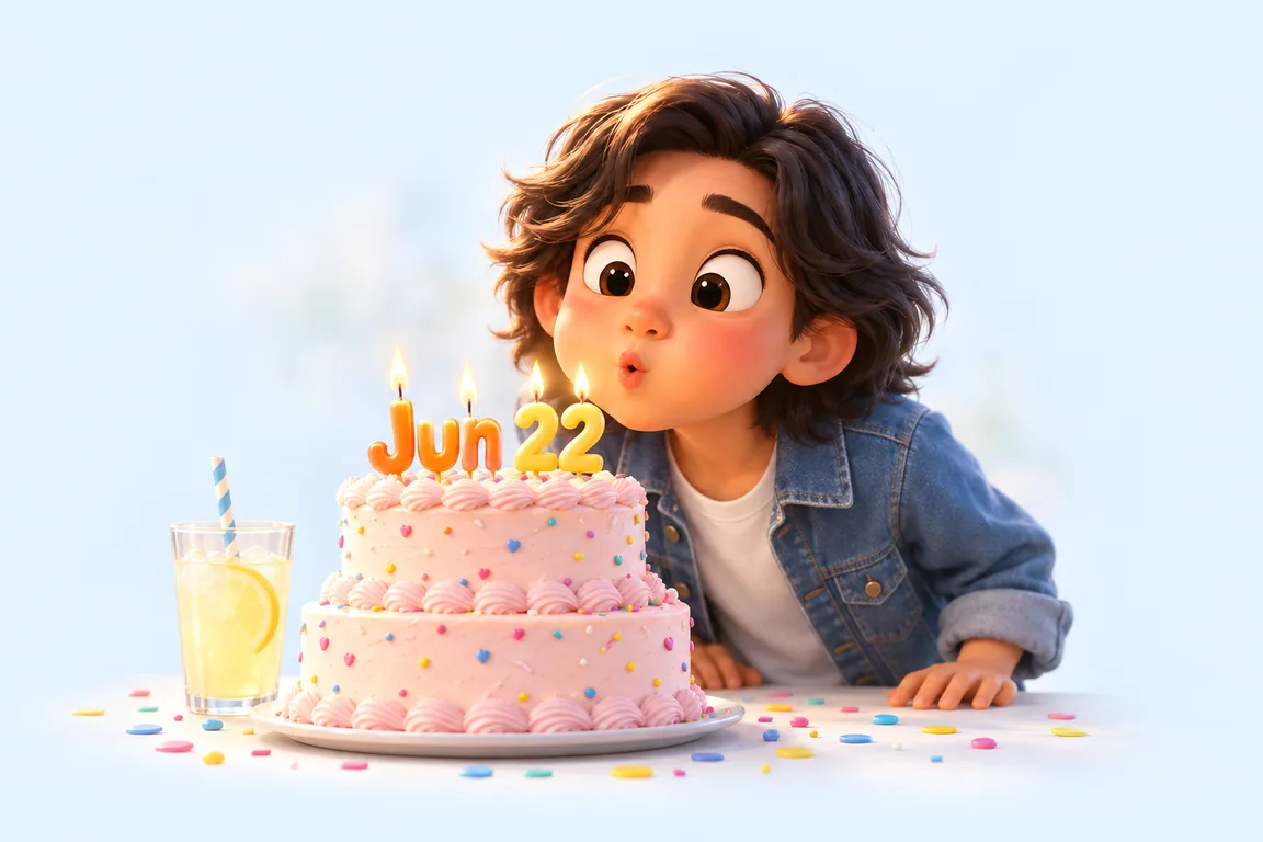 Cartoon birthday scene for June 22: a child behind a cake whose candles spell the date