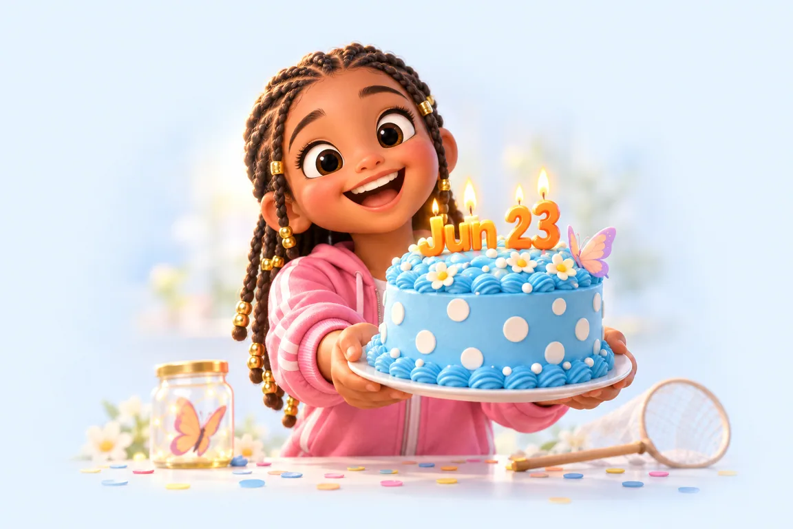 Cartoon birthday scene for June 23: a child behind a cake whose candles spell the date