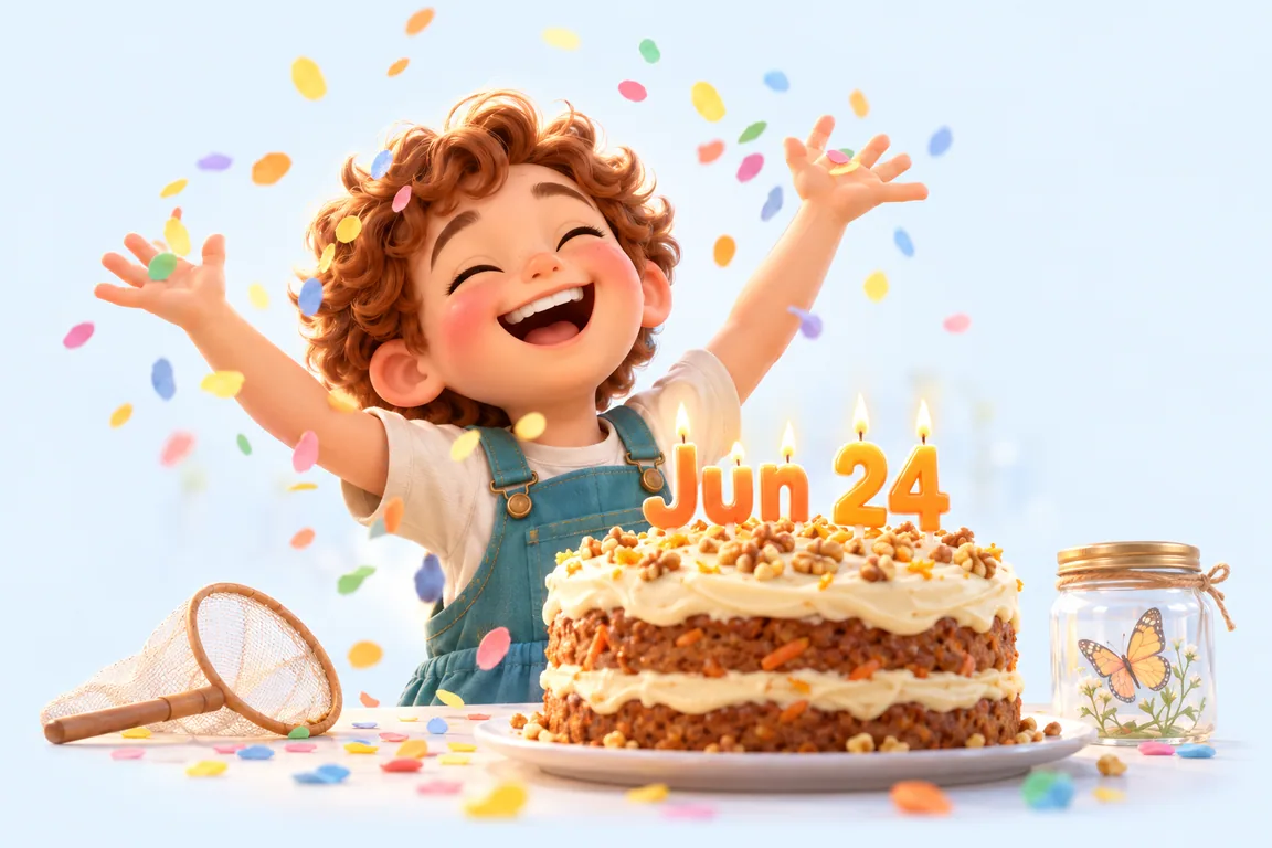Cartoon birthday scene for June 24: a child behind a cake whose candles spell the date