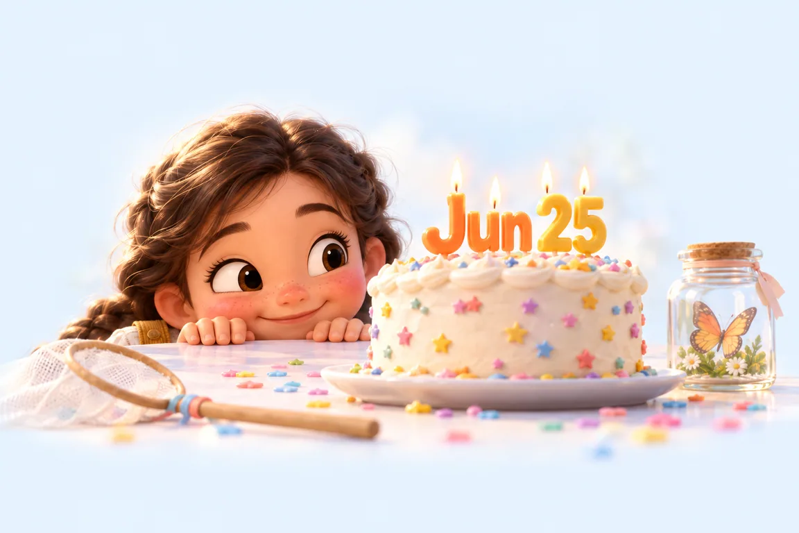 Cartoon birthday scene for June 25: a child behind a cake whose candles spell the date