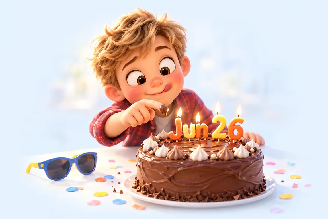 Cartoon birthday scene for June 26: a child behind a cake whose candles spell the date