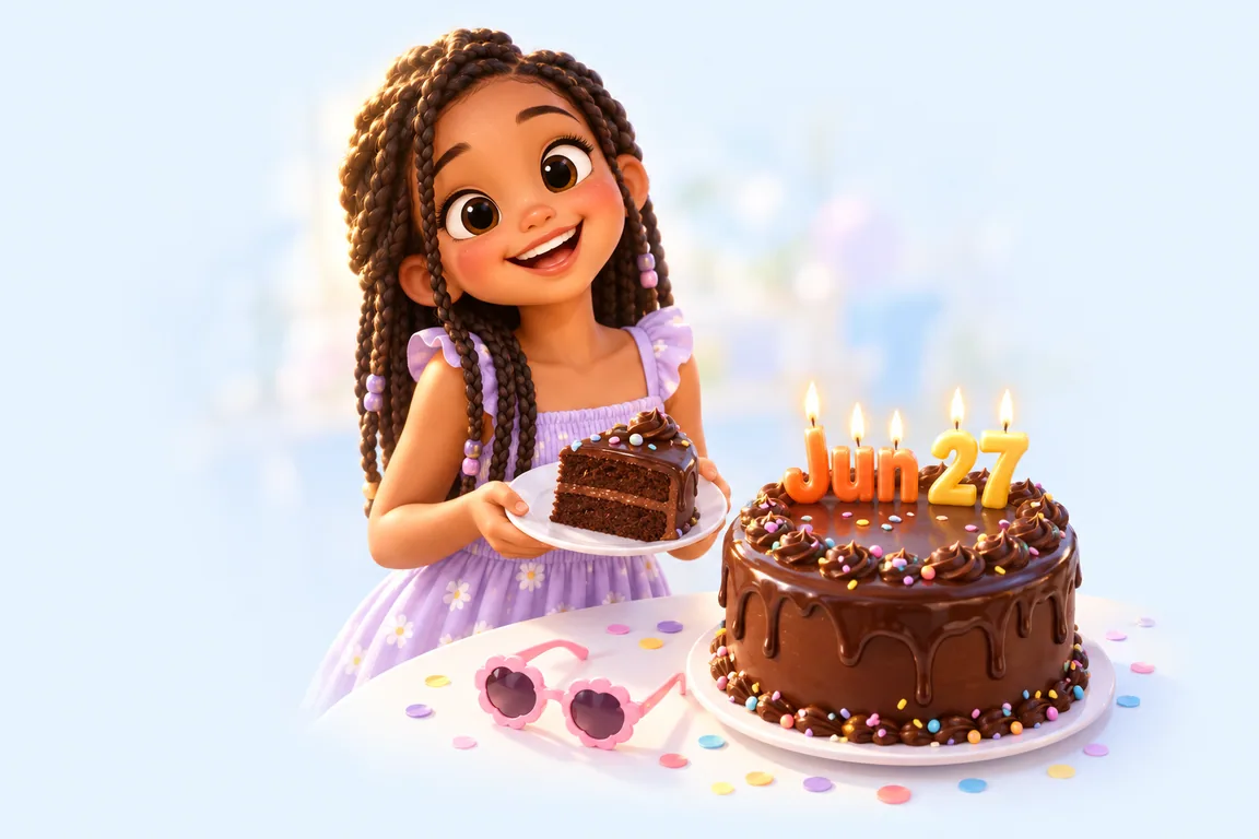 Cartoon birthday scene for June 27: a child behind a cake whose candles spell the date