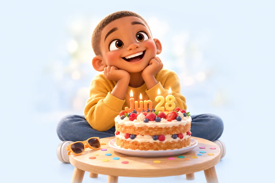 Cartoon birthday scene for June 28: a child behind a cake whose candles spell the date