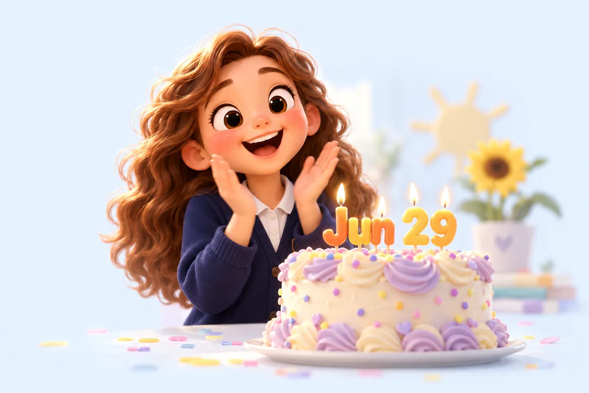 Cartoon birthday scene for June 29: a child behind a cake whose candles spell the date