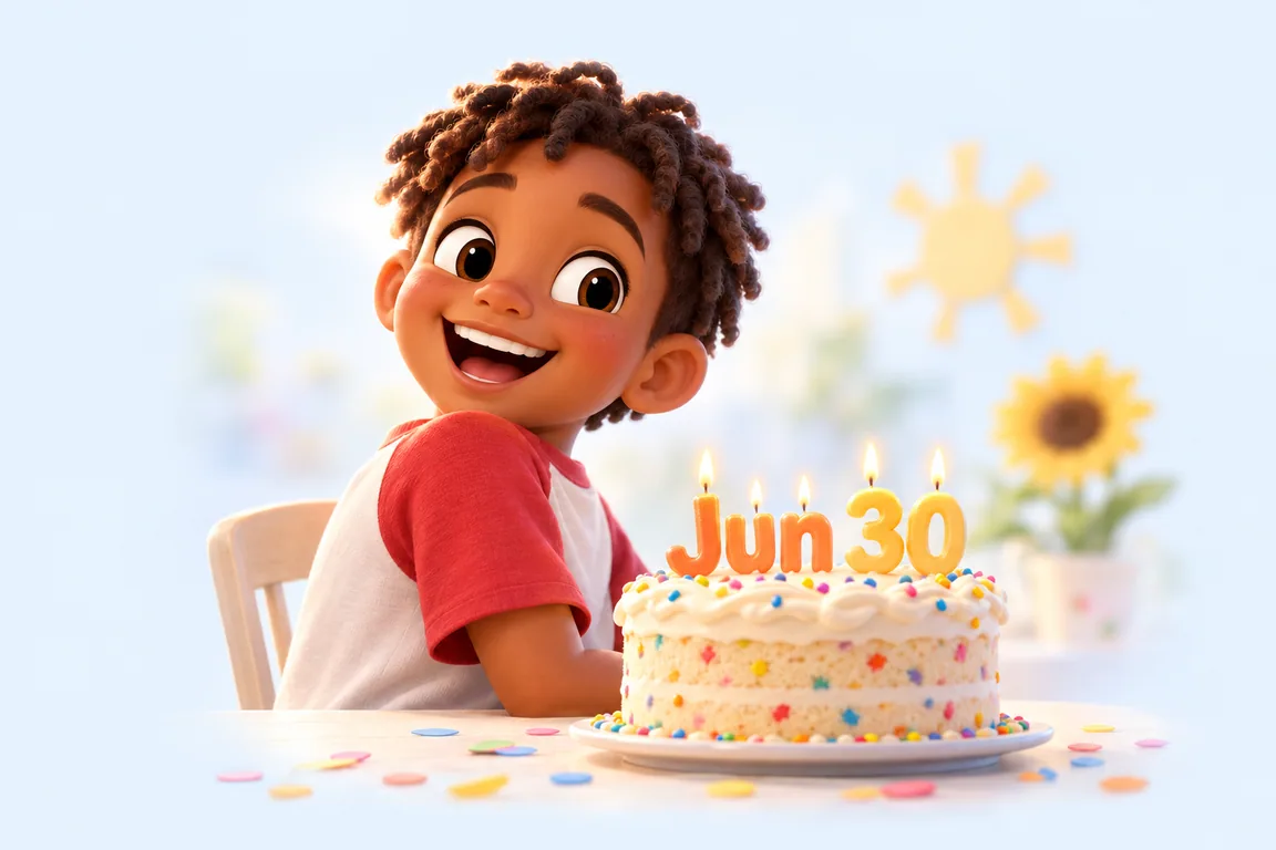Cartoon birthday scene for June 30: a child behind a cake whose candles spell the date