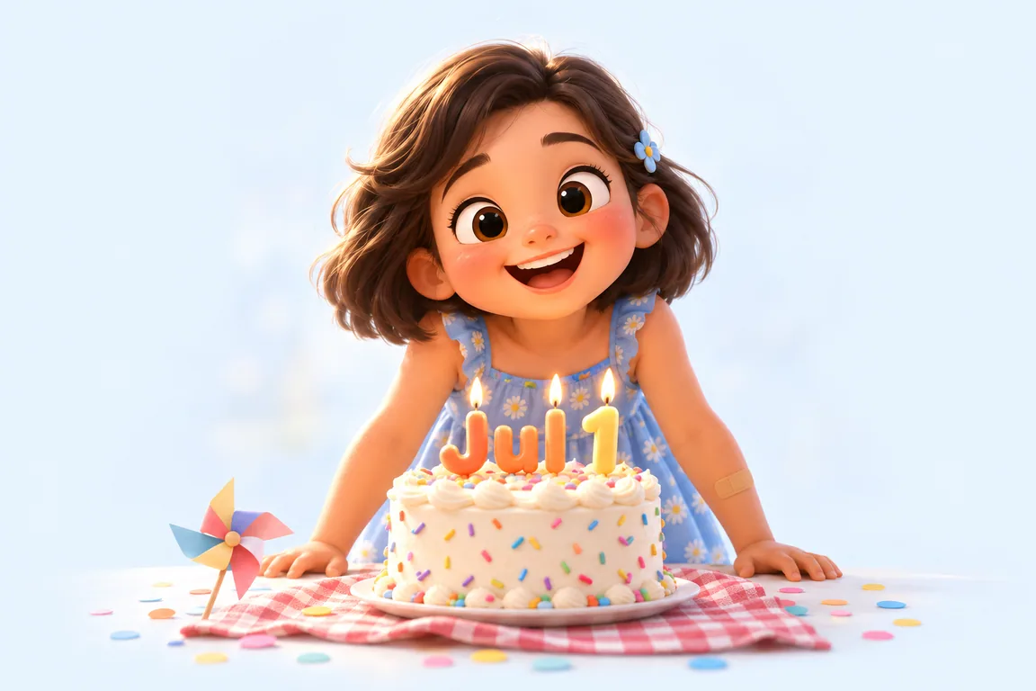 Cartoon birthday scene for July 1: a child behind a cake whose candles spell the date