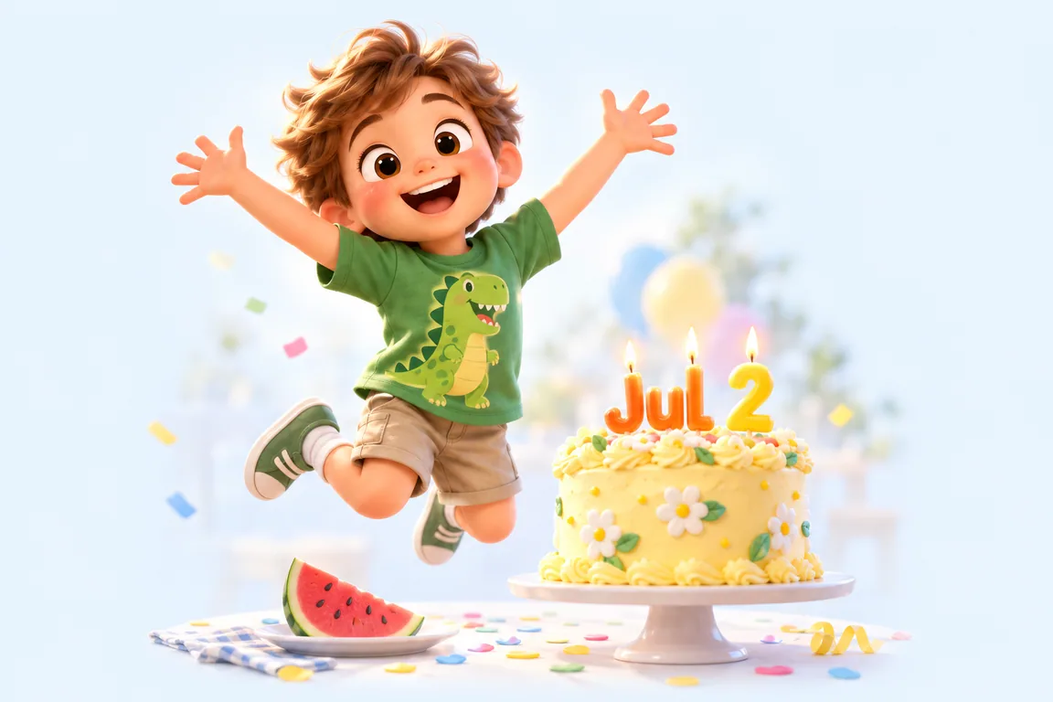 Cartoon birthday scene for July 2: a child behind a cake whose candles spell the date