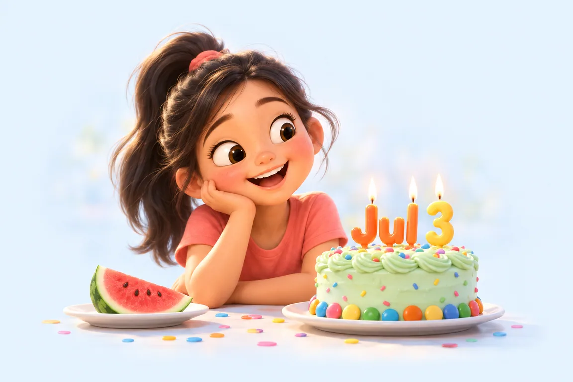 Cartoon birthday scene for July 3: a child behind a cake whose candles spell the date