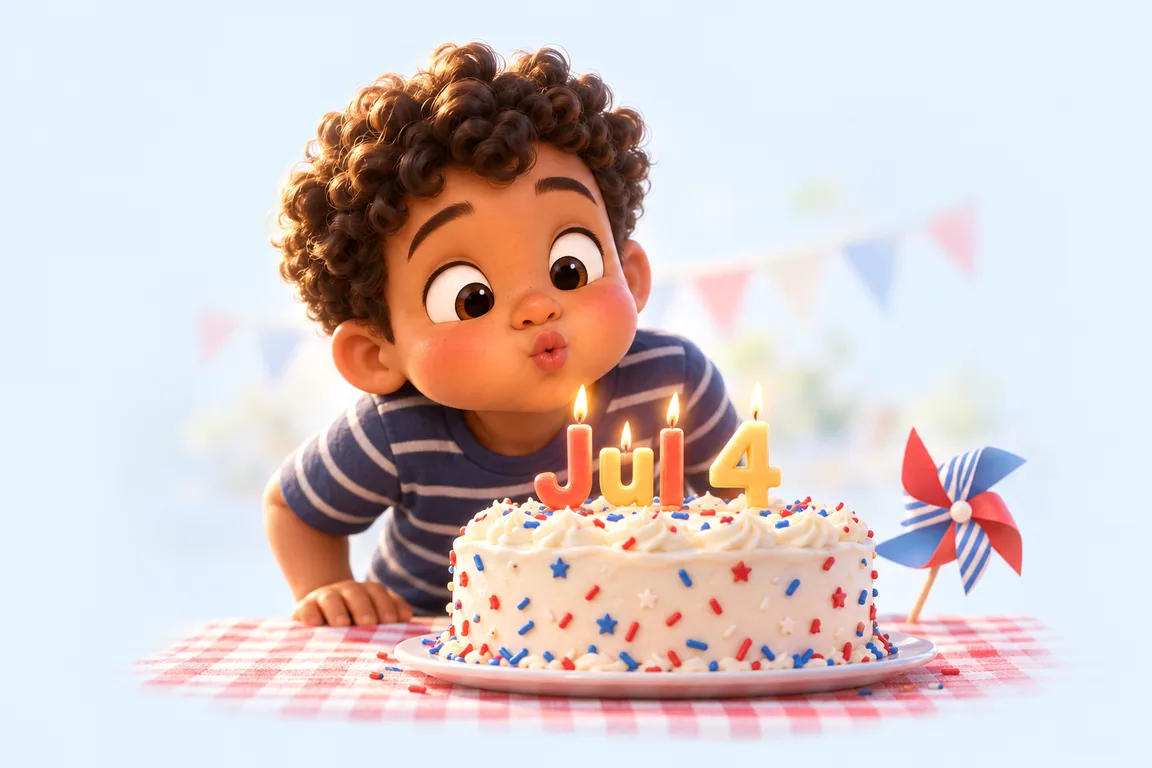 Cartoon birthday scene for July 4: a child behind a cake whose candles spell the date