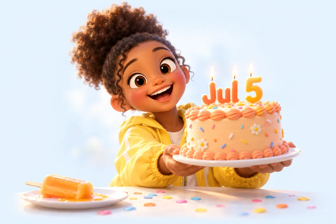Cartoon birthday scene for July 5: a child behind a cake whose candles spell the date