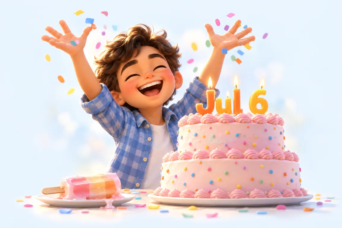 Cartoon birthday scene for July 6: a child behind a cake whose candles spell the date
