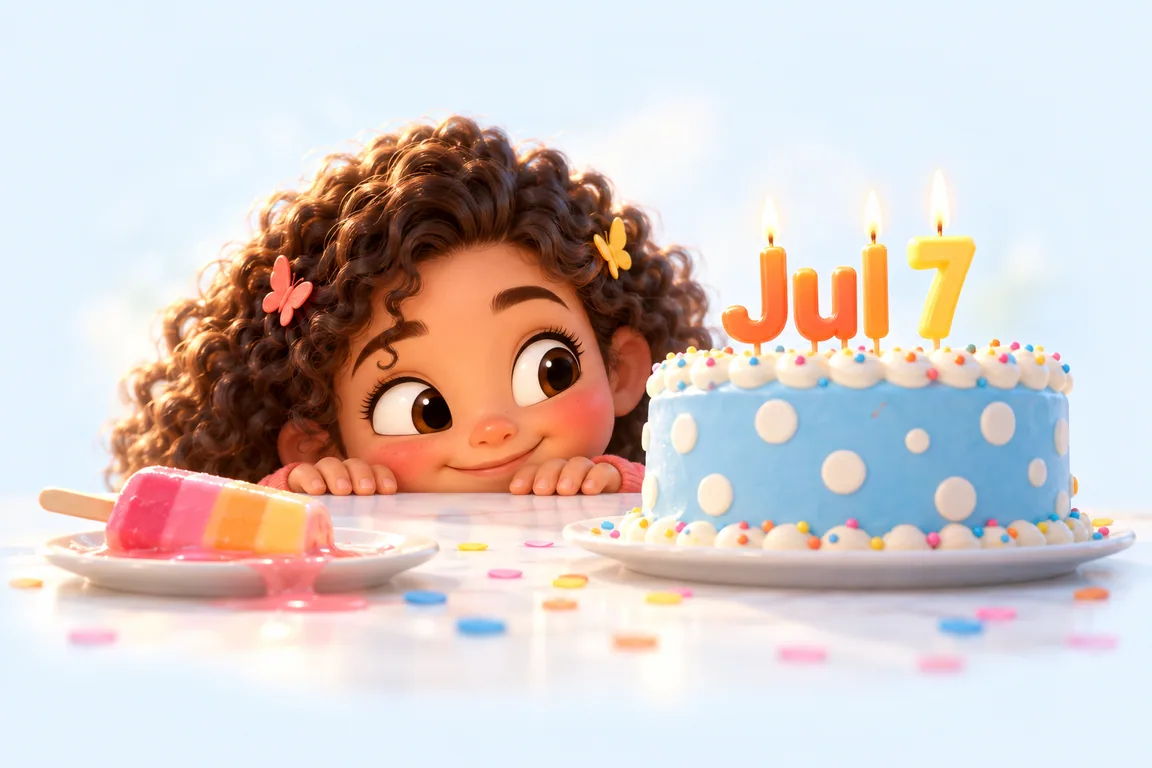 Cartoon birthday scene for July 7: a child behind a cake whose candles spell the date