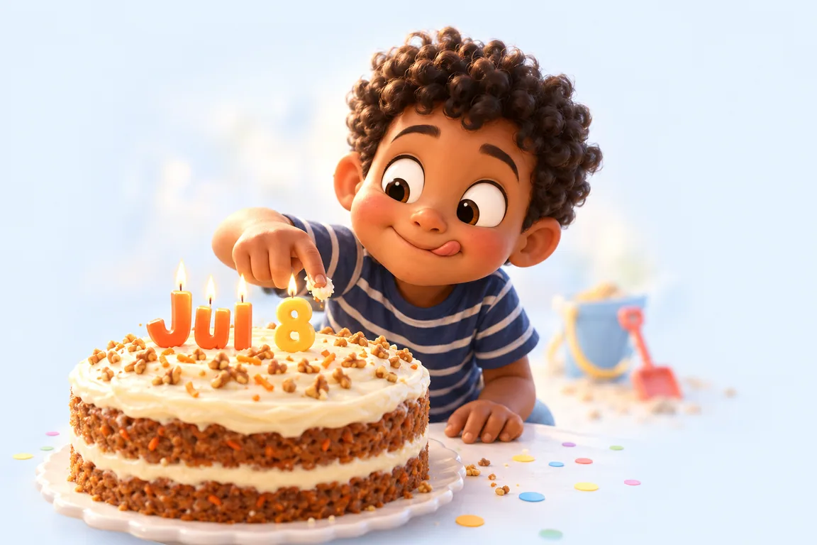Cartoon birthday scene for July 8: a child behind a cake whose candles spell the date