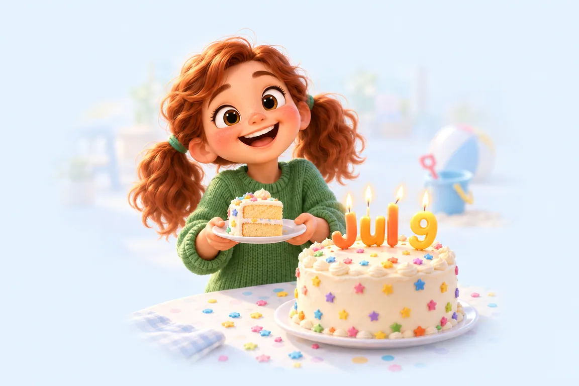 Cartoon birthday scene for July 9: a child behind a cake whose candles spell the date