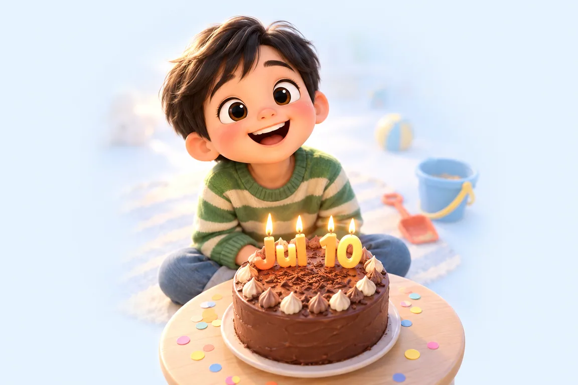 Cartoon birthday scene for July 10: a child behind a cake whose candles spell the date
