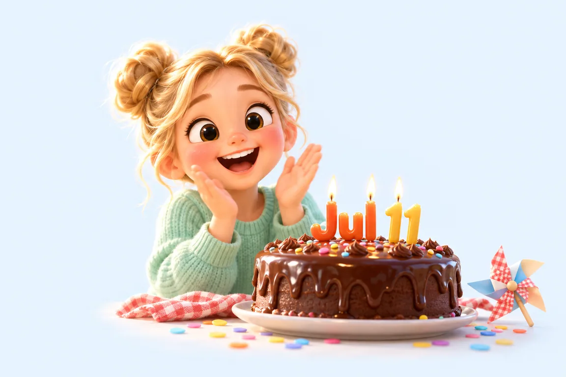 Cartoon birthday scene for July 11: a child behind a cake whose candles spell the date