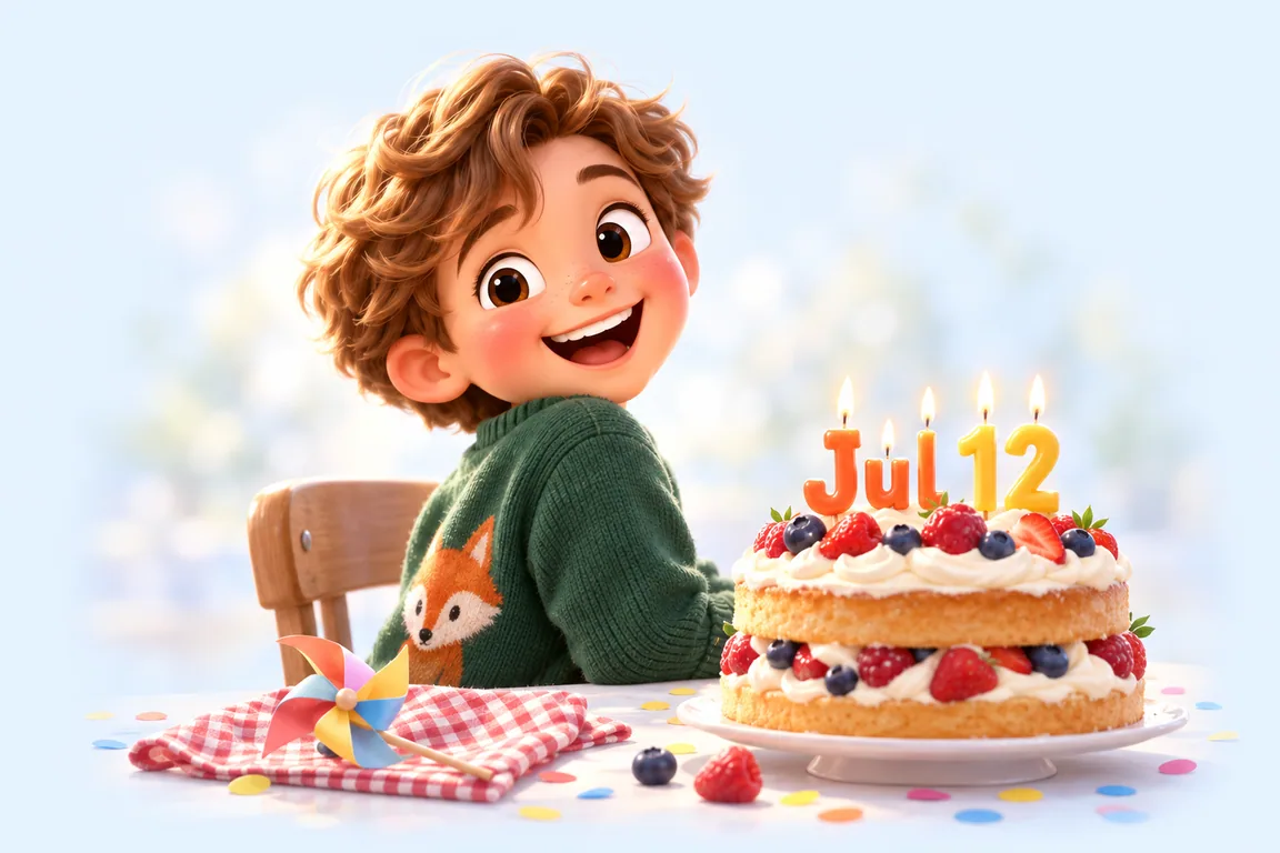 Cartoon birthday scene for July 12: a child behind a cake whose candles spell the date