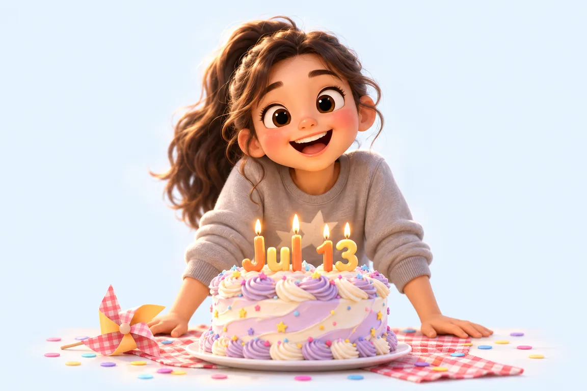 Cartoon birthday scene for July 13: a child behind a cake whose candles spell the date