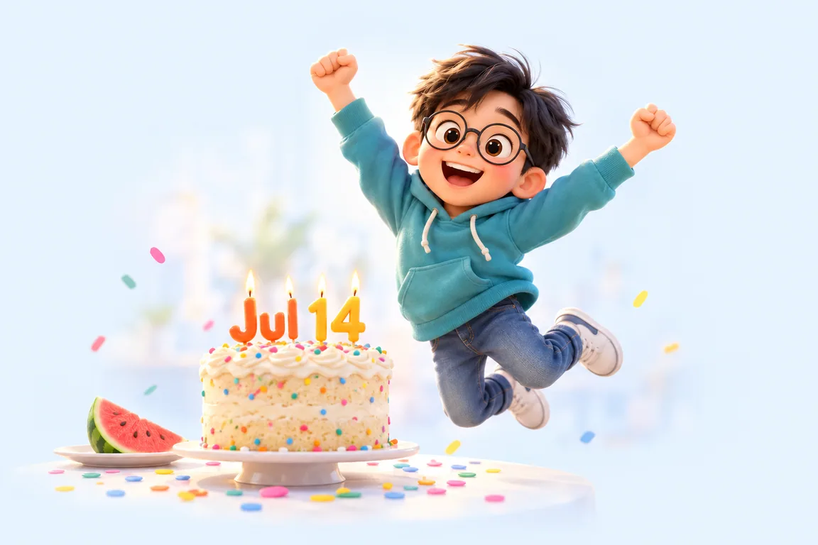Cartoon birthday scene for July 14: a child behind a cake whose candles spell the date