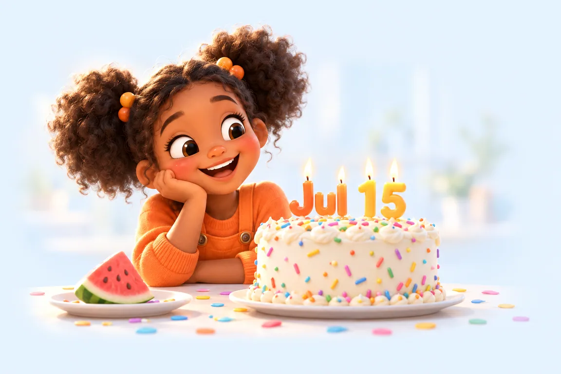 Cartoon birthday scene for July 15: a child behind a cake whose candles spell the date
