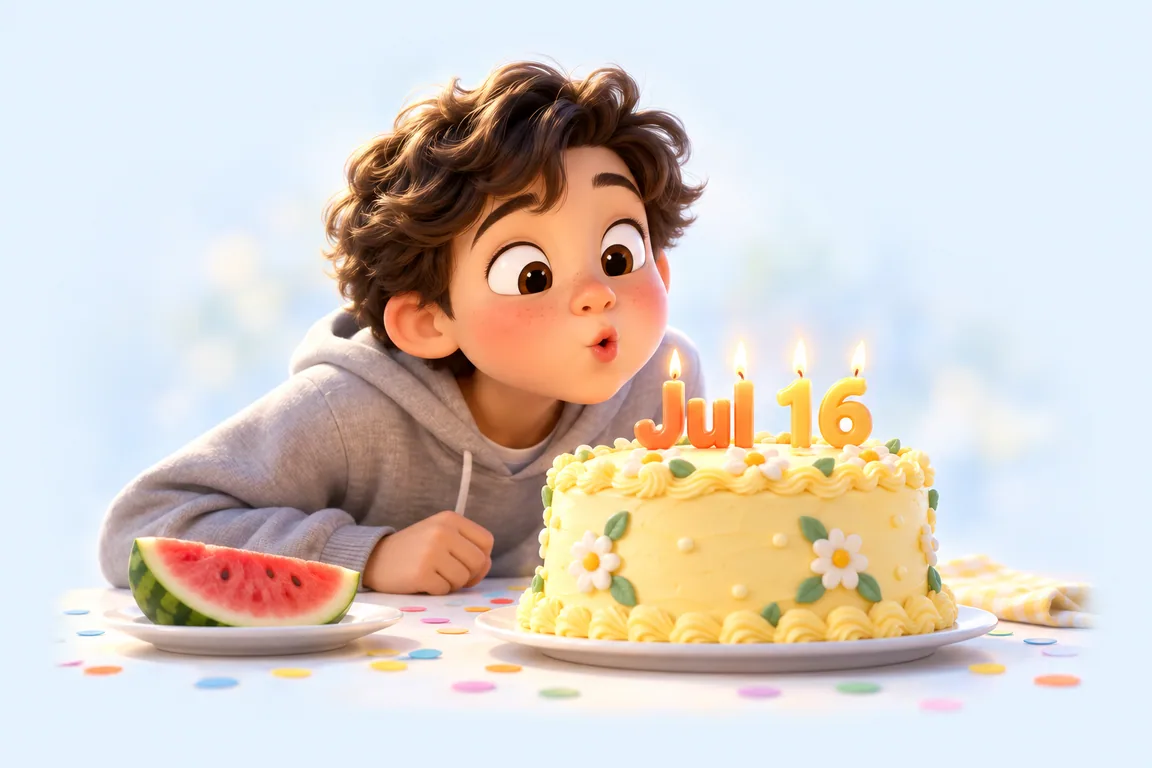 Cartoon birthday scene for July 16: a child behind a cake whose candles spell the date