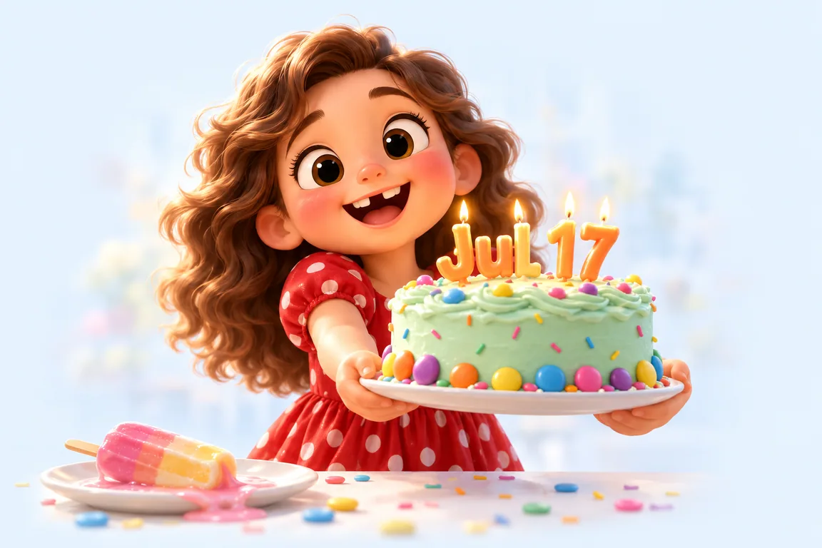 Cartoon birthday scene for July 17: a child behind a cake whose candles spell the date