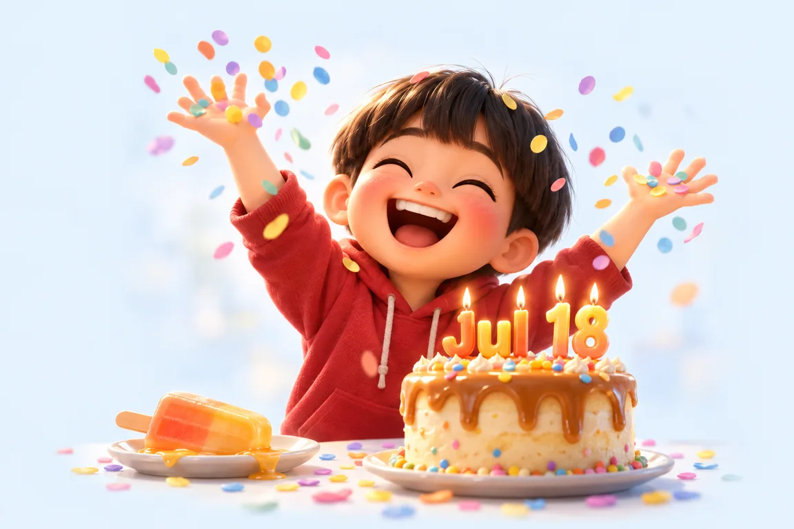 Cartoon birthday scene for July 18: a child behind a cake whose candles spell the date